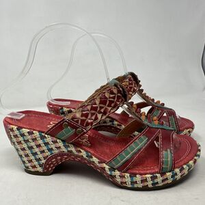 Elite by Corkus Wedges Heel Slip On Straps Mules Sz 7 Colorful Leather Woven